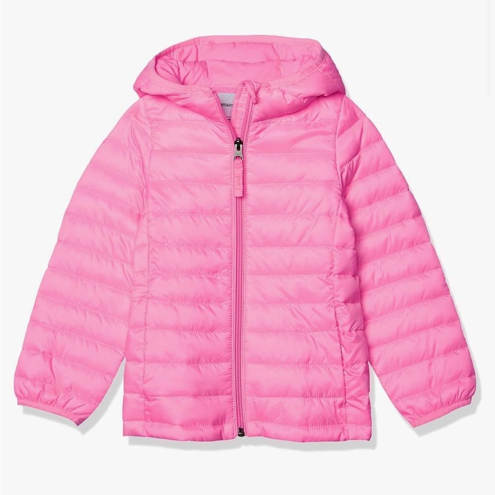 NWT Amazon Essentials Girls Lightweight Packable Hooded Puffer Jacket Pink